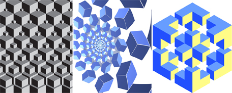 The left image is of cubes of different sizes stacked in a pattern. The middle image shows many coloured hexagons of decreasing size spiraling inward. The right image shows what appears to be a cube, but perspective is not consistent and the picture can be interpreted in different ways.