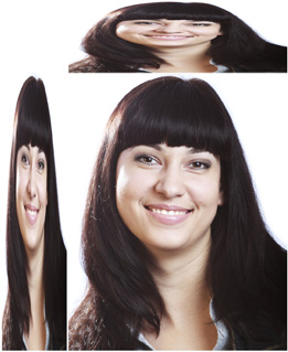 There are three pictures of the same girl. One is a normal photo, the other two are distortions. 