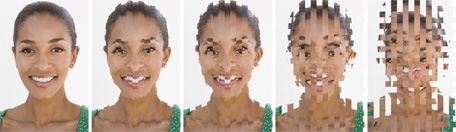 The series of photos show a regular face, a face with the bottom narrowed, the photo split into strips, a painted effect added, and then a ripple effect added.