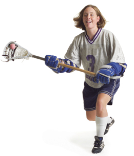 This lacrosse player is preparing to use a sidearm shot. 