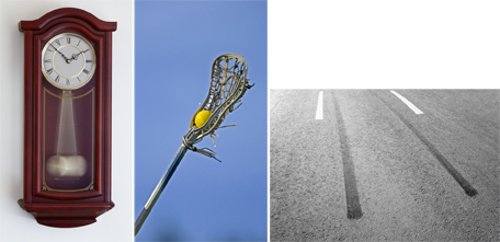 This is a collage of photographs. The collage includes a clock with a pendulum that moves back and forth, a lacrosse stick and ball, and skid marks on a road.