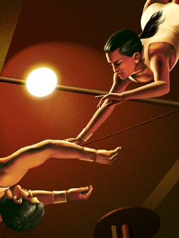 Two performers are seen doing the flying trapeze.