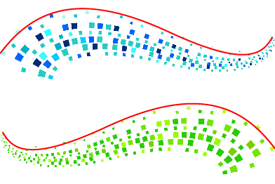 This is an image of wave designs made using boxes. A line of the curve is shown at the top of each wave.