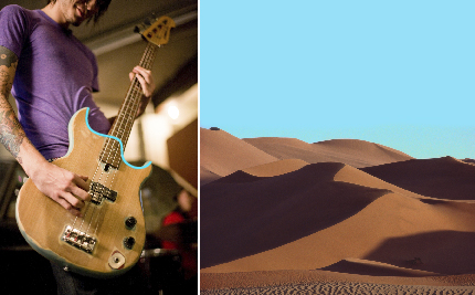 This is a collage showing a man playing a guitar and sand dunes.