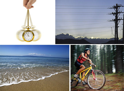 This is a collage of photos that includes ocean waves, a pocket watch swinging back and forth, a person riding a bicycle, and a sunrise.