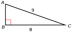 This diagram shows a right triangle with hypotenuse of length 9 and one other side of length 8.