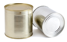 This is a photo of two cylindrical cans. One is upright and the other is on its side.