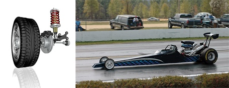 These are two combined graphics. On the left is an illustration of a car tire, a brake, and a suspension. On the right is a photo of a drag-racing car.