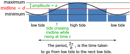 This diagram shows that a, the amplitude, is half the distance between the highest water level and the lowest water level. The period is equal to two pi divided by b and represents the time required to go from a low tide back to a low tide. The phase shift, c, is a time when the tide hits the midline while rising, if a is positive. The midline, d, represents the height halfway between the maximum and minimum water depths.
