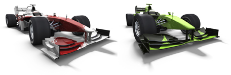 This picture shows two cars. One is a red and white race car the other is a green and black race car.