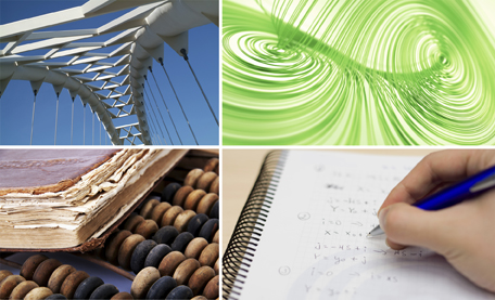 This is a collage of five photos, which include a sky bridge, a Lorentz attractor, a worn book and an abacus., and a person writing on a pad of paper.