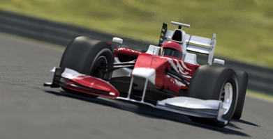 This photo shows a red-and-white Formula 1 race car on a track. 
