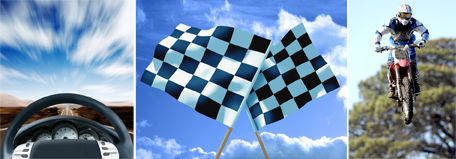 This photo collage contains three photos. From left, there is a photo featuring a steering wheel and a tachometer. In the middle is a photo of  two black-and-white checkered racing flags. On the right is a photo of an airborne  motorcyclist.