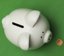 This is a photo of a piggy bank and a penny.