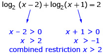 This is an image of the equation log base 2 of x subtract 2 plus log base 2 of x plus 1 equals 2.  Two restrictions are shown. The first restriction is that x minus 2 is greater than zero, thus x is greater than two. The second restriction is that x plus 1 is greater than zero, thus x is greater than negative 1. Combining these two inequalities results in x is greater than 2.