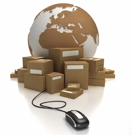 In this graphic a computer mouse seems to be connected to a globe of the world. The globe is surrounded by shipping boxes.