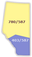 This is an image of the province of Alberta showing the different area codes for phone usage. 