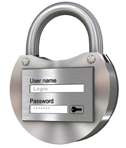 This is an image of a closed lock. On the front of the lock is a place for a user name, with Login typed in the space. Below the login space is a space for a password to be typed in, and this space is filled with stars. 