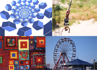 This is a collage of photos that includes an image of hexagons of decreasing size spiraling inward,a photograph of a bungee jumper,a photograph of a colourful quilt with square designs, and a photo of a Ferris wheel and a merry-go-round.