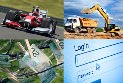 This is a collage of photos that includes a photo of a Formula 1 race car on a track, a photo of 20-dollar bills clipped to a tree, a gravel truck with a loader, and an image from a login page on a computer. A space is provided for the login and password to be typed.
