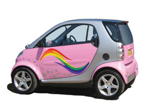 The photograph shows a decorative Smart car. 