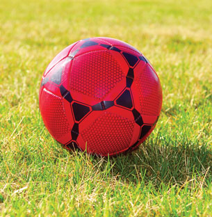 A photograph shows an orange soccer ball in the grass.
