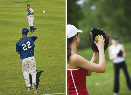 Two photographs are shown. On the left, a girl with a baseball glove prepares to throw a pitch to her teammate. On the right, a male baseball player throws a ball.