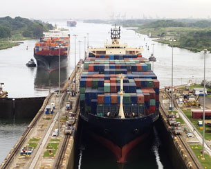 A cargo ship is shown in this photograph.
