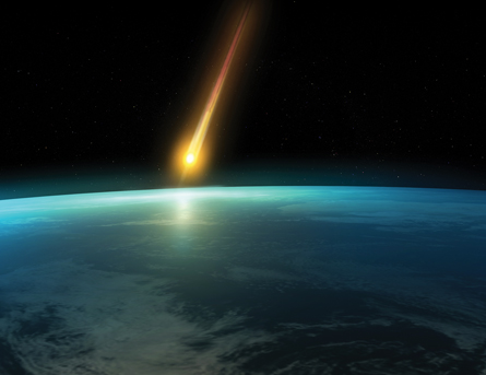 An illustration shows a meteor coming to Earth from the viewpoint of space.