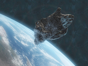 In this illustration, an asteroid approaches Earth.