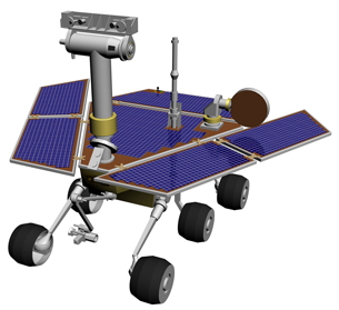 A photo shows a Mars Rover. It has six wheels, several blue panels, and antennas and other devices for recording data.