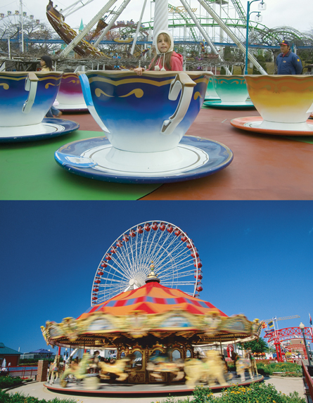Two photographs are shown. The top photo shows a child getting ready to enjoy the teacup ride, which looks like oversized teacups and saucers. The bottom photograph shows an amusement-park ride that is spinning around and around.
