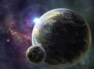 An artist’s concept of an extrasolar planet and moon with a background of stars and galactic dust.