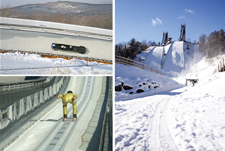Three photos are shown. Top left, an image of a bobsled is taken from a bird’s-eye point of view. Bottom left, a ski jumper descends down the jump. The right photo shows a ski-jump competition site.