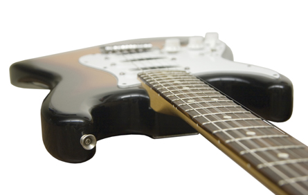 A photograph shows an electronic guitar, including the body of the guitar and the neck of the guitar.