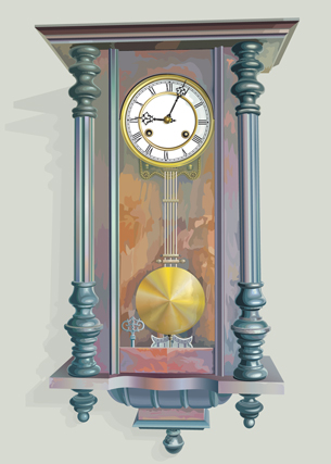 A photograph shows an antique clock. Encased inside the clock is a time piece at the top and a pendulum at the bottom.