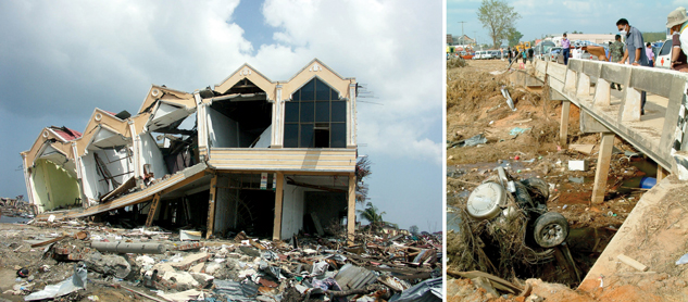Two photographs are shown side by side. The photograph on the left shows a building, with rubbish lying all around, in ruins. The photograph on the right shows several people peering over the side of a bridge and looking down on a vehicle that is in a ditch and pointing upwards.