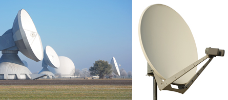A photograph shows three large telecommunications satellite dishes. A photograph shows a small satellite dish.