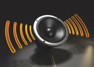 A photograph shows a speaker with sound waves illustrated on either side of the speaker.