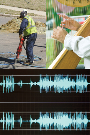 A man wearing a hard hat and ear protection operates a jackhammer on pavement in this photograph. This photograph shows a pair of hands strumming a harp. This photograph shows a stereo sound viewed on an oscilloscope.